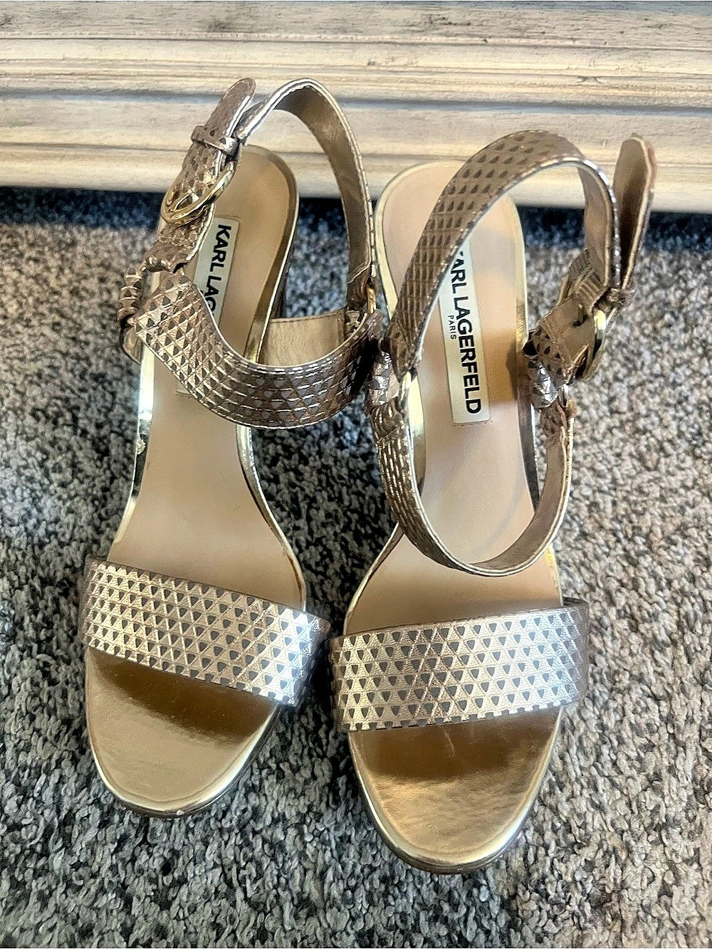 Karl Lagerfeld Women's Gold Textured Ankle Strap Sandals